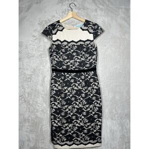 Antonio Melani Sheath Dress Size 4 Black Cream Short Cap Sleeve Lace Luxury